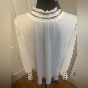 Karl Lagerfeld Women’s XL White Long Sleeve Mock Neck Blouse With Black Accents